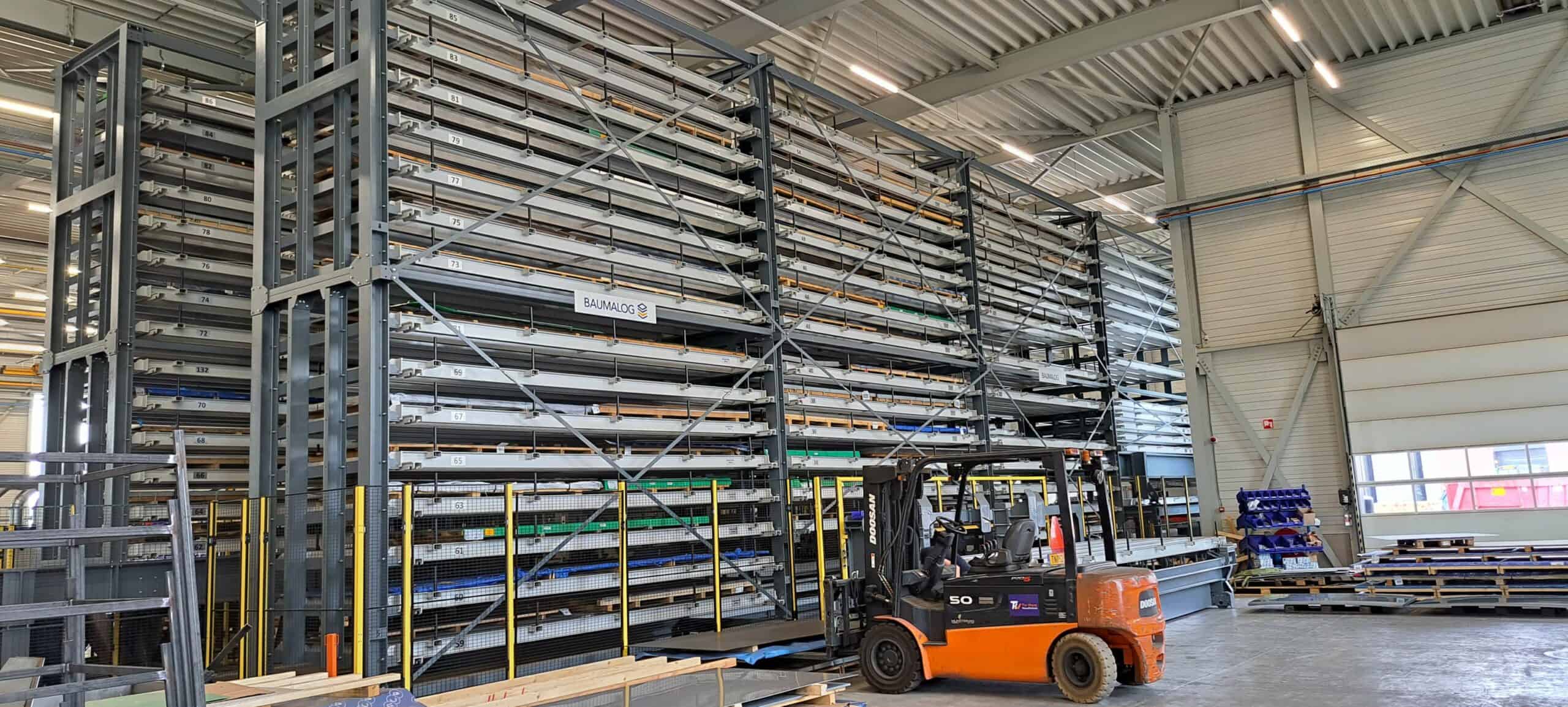 Automated sheet metal racking systemwith stacker crane